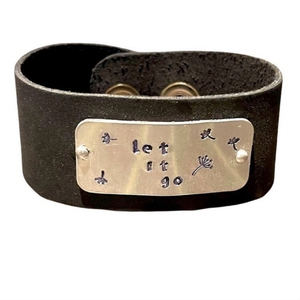 Handmade stamped “let it‎ go” metal black 100% leather adjustable cuff bracelet
